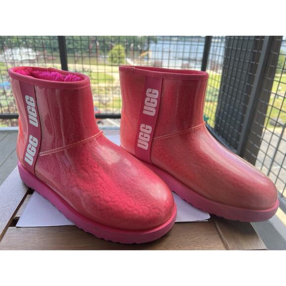 UGG Classic clear mini hibiscus pink waterproof ankle women's boot Size-8 - Picture 1 of 7